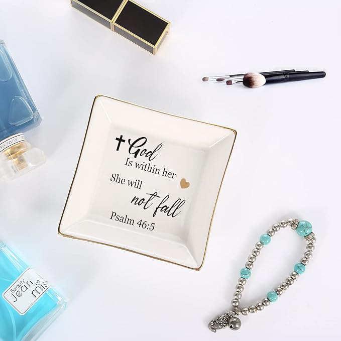 Religious Gifts for Women Christian-Ceramic Ring Dish -God is Within Her She Will Not Fall, Christian Gifts for Mom Sister Aunt