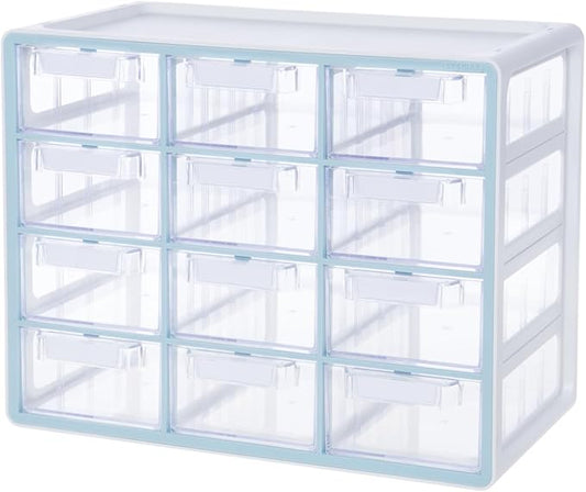 Blue Ginkgo 12-Drawer Clear Stackable Organizer Cabinet – Hardware, Beads & Craft Storage (Blue, Made in Korea)