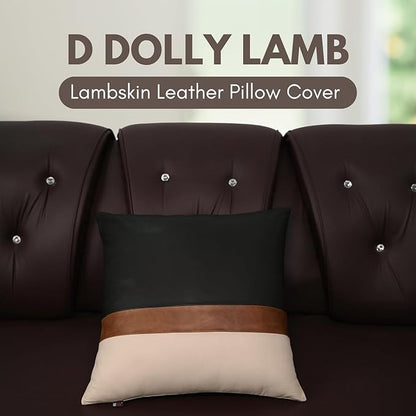 D DOLLY LAMB Lambskin Leather Pillow Cover - Sofa Cushion Case - Decorative Throw Covers for Living Room & Bedroom, 14x14 Inches - Black, Brown & Off White Pack of 1