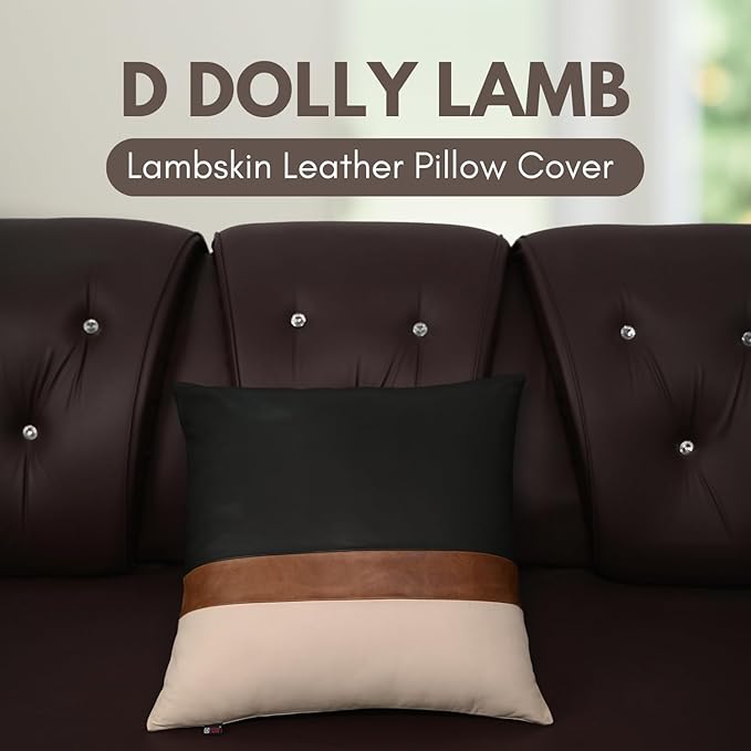 D DOLLY LAMB Lambskin Leather Pillow Cover - Sofa Cushion Case - Decorative Throw Covers for Living Room & Bedroom, 18x18 Inches - Black, Brown & Off White Pack of 1