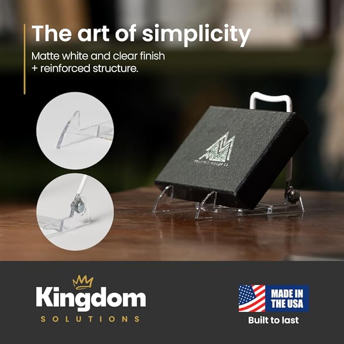 KINGDOM SOLUTIONS MADE IN USA 12-Pack Adjustable Acrylic Easels - Plate Stand - Sturdy Book Stand for Art, Pictures, Plates, Frames - Unique on the Market