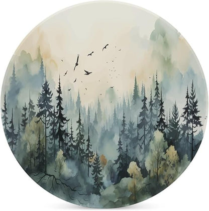 4PCS Forest Drink Coasters, Round Modern Ceramic Absorbent Coasters, Watercolor Style Nature Mountain Woodland Green Forest Flying Birds Decor Desk Coffee Table Coaster for Beverage Cup Tea Coasters