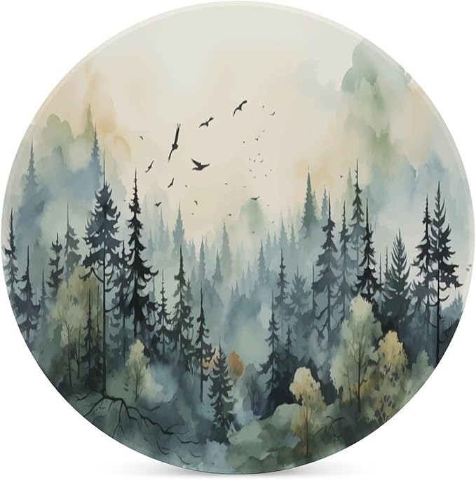 Forest Drink Coasters, Round Ceramic Drink Coaster Round-6PCS, Watercolor Style Nature Mountain Woodland Green Forest Flying Birds Decor Absorbent Ceramic Coasters for Beverage Cup, Bar, Coffee Table