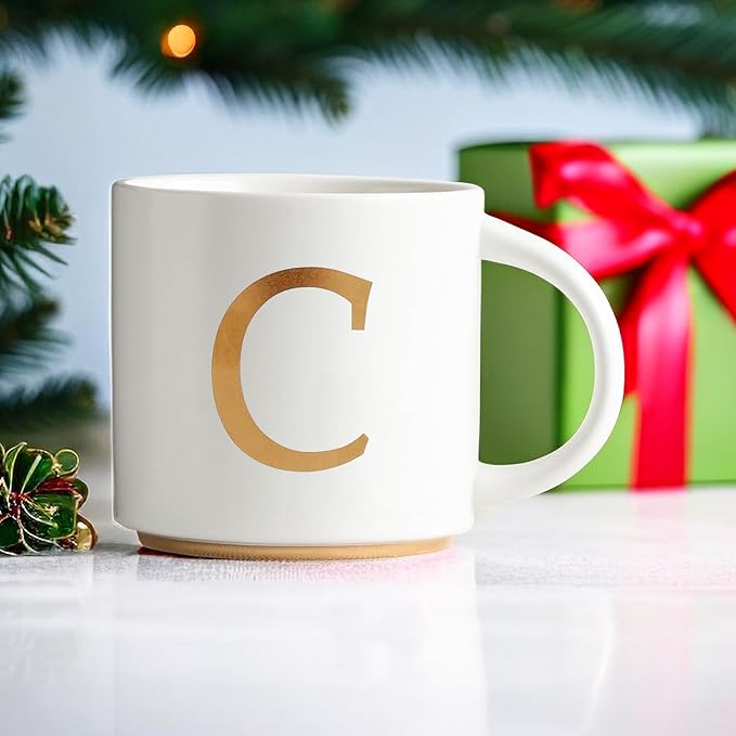COLLECTIVE HOME - Monogram Ceramic Mugs, 15 oz Golden Initial Coffee Cups, Elegant Alphabet Tea Mugs, Elegant Personalized Mug with Gift Box, Unique Mug with Double Side Capital Letter (C)