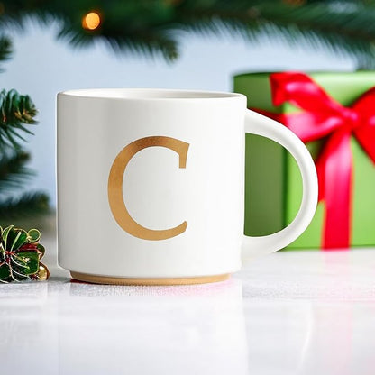 COLLECTIVE HOME - Monogram Ceramic Mugs, 15 oz Golden Initial Coffee Cups, Elegant Alphabet Tea Mugs, Elegant Personalized Mug with Gift Box, Unique Mug with Double Side Capital Letter (C)