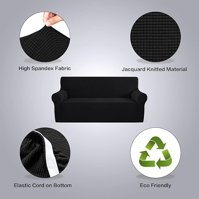 H.VERSAILTEX Couch Stretch Covers Couch Covers for Dogs Sofa Slip Covers for 3 Seat Cushion Couch Feature Thick Checked Jacquard Fabric with Elastic Bottom, Sofa Large - Black