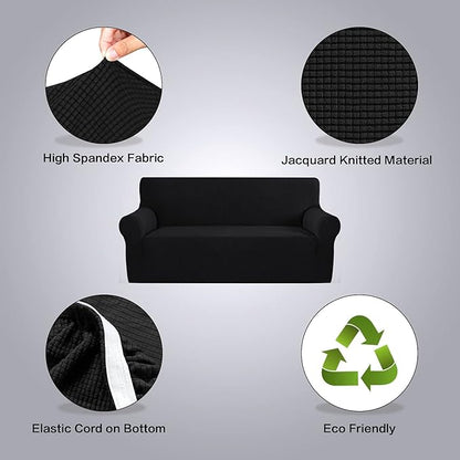 H.VERSAILTEX Couch Stretch Covers Couch Covers for Dogs Sofa Slip Covers for 3 Seat Cushion Couch Feature Thick Checked Jacquard Fabric with Elastic Bottom, Sofa Large - Black