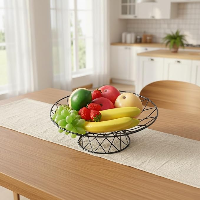 Large Metal Wire Fruit Bowl, Round Mesh Fruit Basket for Kitchen Countertop, Modern Decorative Bread Vegetable Storage Holder Organizer(Black)