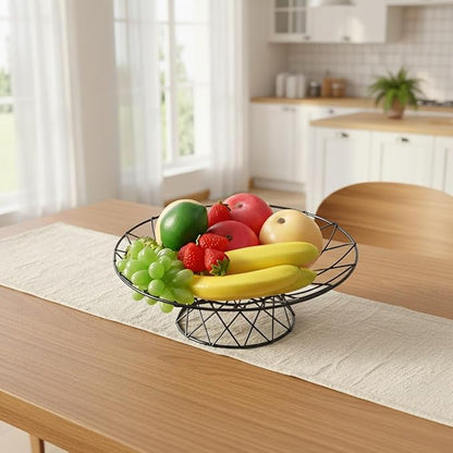 Large Metal Wire Fruit Bowl, Round Mesh Fruit Basket for Kitchen Countertop, Modern Decorative Bread Vegetable Storage Holder Organizer(Black)