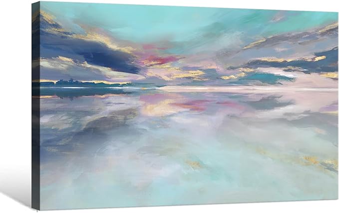 Goldfoilart Beach Abstract Wall Art Teal Green and Gold Decor Ocean Canvas Pictures Painting Framed Artwork for Living Room Bedroom Office Decorations 36"x24"