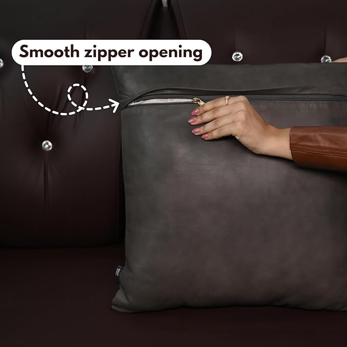 D DOLLY LAMB Lambskin Leather Pillow Cover - Sofa Cushion Case - Decorative Throw Covers for Living Room & Bedroom, 14x14 Inches - Grey Antique Plane Pack of 2
