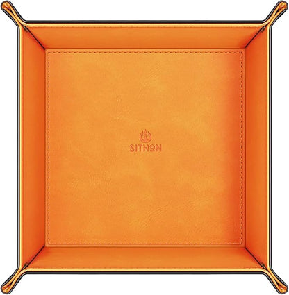 SITHON Valet Tray Desktop Storage Organizer – Premium PU Leather Catchall Bedside Vanity Tray Nightstand Caddy Holder for Remote Controller, Keys, Phone, Wallet, Coin, Jewelry (Orange)