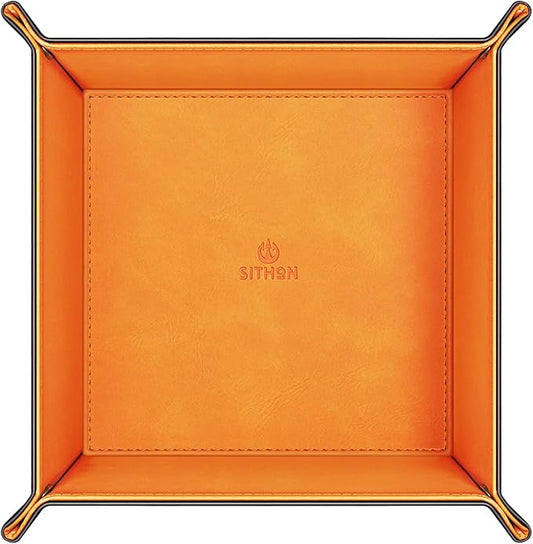 SITHON Valet Tray Desktop Storage Organizer – Premium PU Leather Catchall Bedside Vanity Tray Nightstand Caddy Holder for Remote Controller, Keys, Phone, Wallet, Coin, Jewelry (Orange)