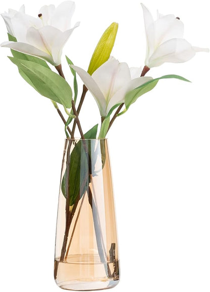 Ekirlin Modern Glass Vase, 8.7 inch Irised Crystal Clear Glass Vase, Thickened Hand Blow Flower Vase Round Bottles for Home Decor, Bookshelf, Room, Office Decor (Crystal Amber)
