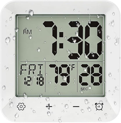 Bathroom Clock Waterproof Shower Timer, Digital Wall Clock with Countdown, Touch Screen, LCD Display, Temperature, Suction Cup/Hanging Hole/Stand, Spa Sauna, Kids and Adults I White