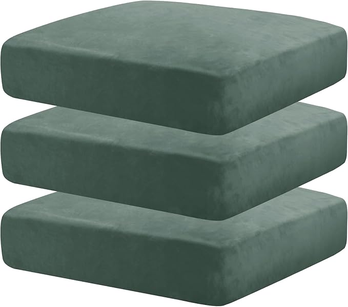 MAXIJIN Velvet Stretch Seat Cushion Covers Couch Cushion Cover for Individual Cushions Sofa Seat Cushion Slipcovers with Elastic Bottom (3 Piece XL Sofa Cushion Covers, Pea Green)
