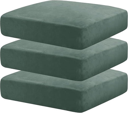 MAXIJIN Velvet Stretch Seat Cushion Covers Couch Cushion Cover for Individual Cushions Sofa Seat Cushion Slipcovers with Elastic Bottom (3 Piece XL Sofa Cushion Covers, Pea Green)