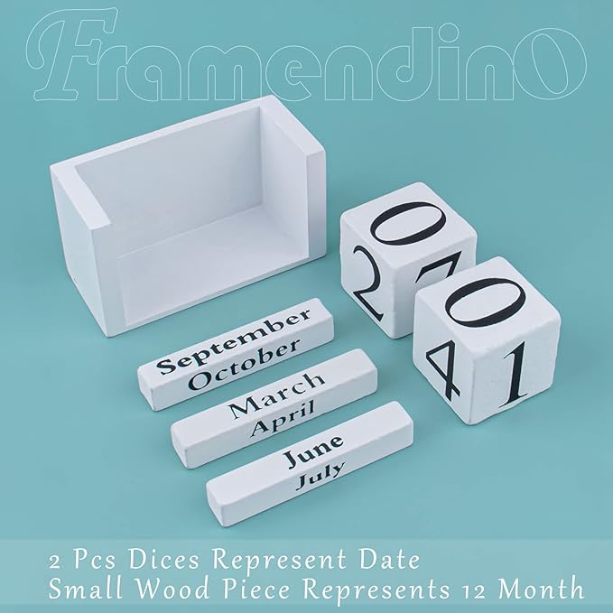 Framendino, White Vintage Wood Rustic Block Chic Perpetual Desktop Wooden Cubes Calendars for Home Office Desk Decoration
