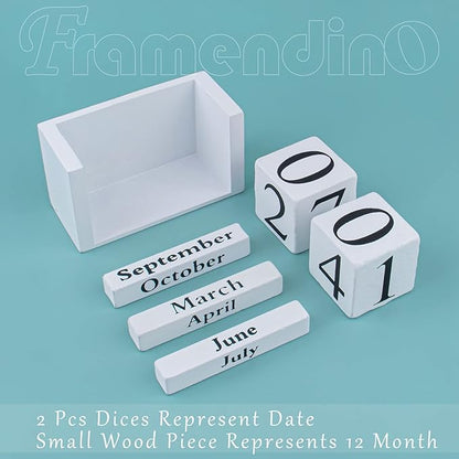 Framendino, White Vintage Wood Rustic Block Chic Perpetual Desktop Wooden Cubes Calendars for Home Office Desk Decoration