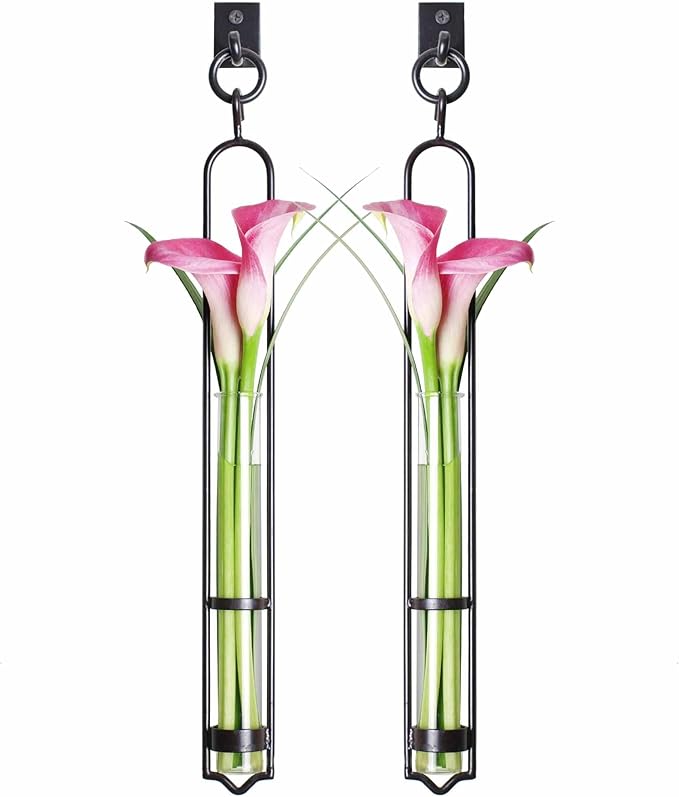 COURONNE CO. Florence Hanging Pendant Tube Vase with Wall Hook, Clear Flower Holder, Glass Vases for Flowers, Wall Plant Hanger for House Vase Decor, 16.’’H, Pack of 2