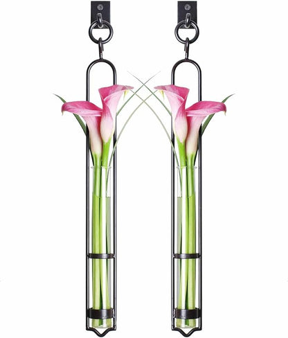 COURONNE CO. Florence Hanging Pendant Tube Vase with Wall Hook, Clear Flower Holder, Glass Vases for Flowers, Wall Plant Hanger for House Vase Decor, 16.’’H, Pack of 2