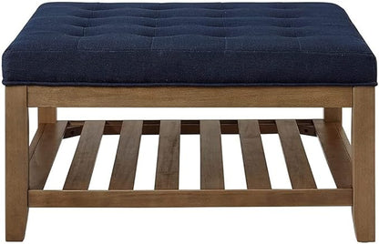 24KF Large Square Upholstered Tufted Linen Ottoman, Large Footrest Ottoman with Solid Wood Shelf- Navy Blue