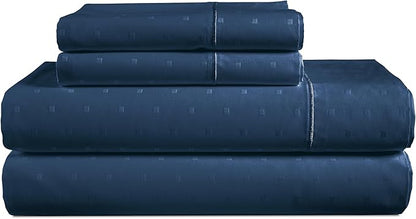 LANE LINEN 100% Egyptian Cotton Bed Sheets King Size, Mercerized Cotton Bedding Sheets, Luxury Hotel Thick Deep Pocket King Sheet Set, French Seams Elegant Jaquard Design Swiss Dot - Estate Blue