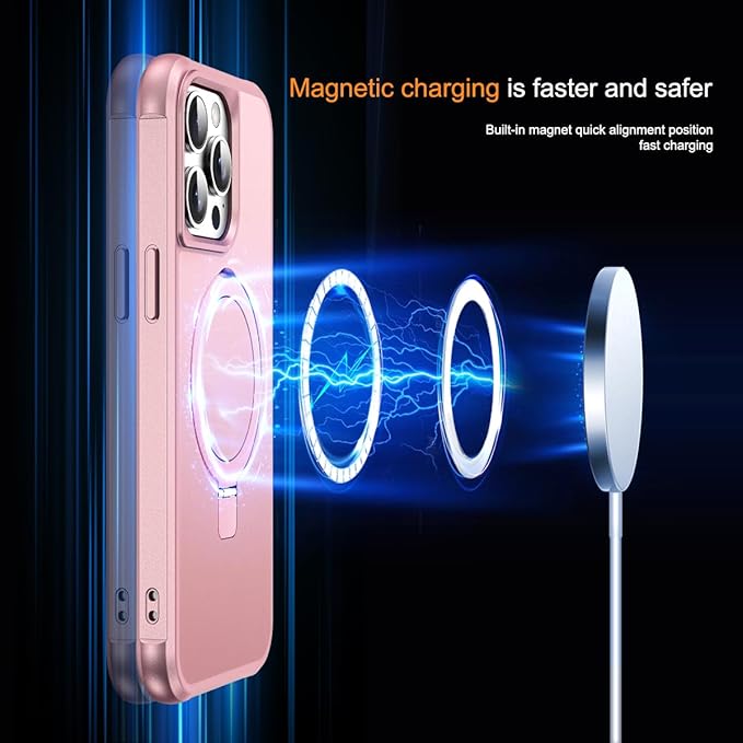 Compatible with iPhone 15 Pro Case with Invisible Magnetic O-Ring Stand Military-Grade Case for iPhone 15 Pro 6.1" [Compatible with Mag-Safe][Great Grip Feeling], Rose Gold