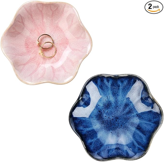 2PCS Lotus Leaf Shape Ring Holder Dish, Small Key Bowl, Ceramic Trinket Tray Jewelry Dish Organizing Necklace Earrings for Mom Friend Sister, All Jewelries Are NOT Included. Blue+Pink.…