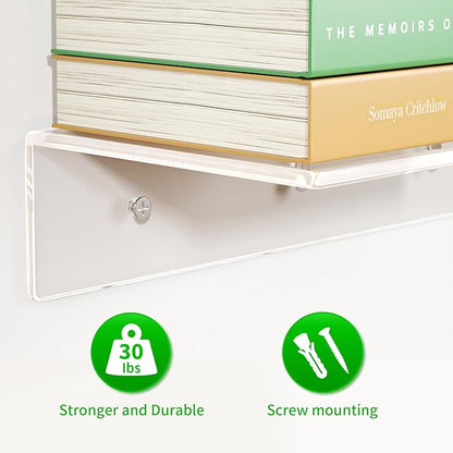 FEMELI 2 PCS 15" Acrylic Floating Shelves, Clear Shelf for Display, Plant, Perfume, Book in Bedroom Living Room Office, 5mm Thick Wall-Mounted Acrylic Shelves for Wall