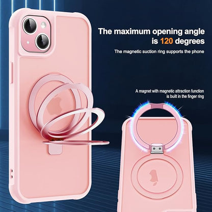 Compatible with iPhone 14 Plus Case with Invisible Magnetic O-Ring Stand Military-Grade Translucent Case for iPhone 14 Plus 6.7" [Compatible with Mag-Safe][Great Grip Feeling], Pink