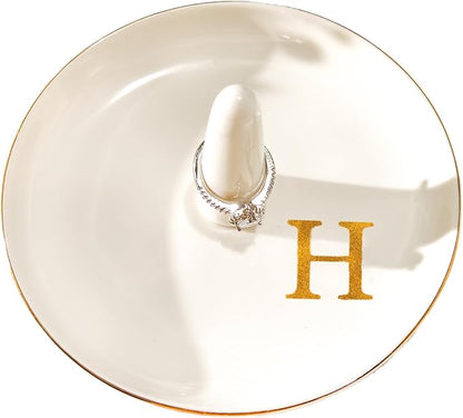 Ceramic Initials Jewelry Tray Ring Dish With Personalized H-Monogrammed Engagement Wedding Gifts, for Birthday Mother's Day for Women, Ceramic White 4.7" x2.4"