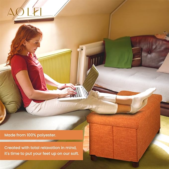 30 Inches Storage Ottoman Bench, Storage Bench with Wooden Legs for Living Room Ottoman Foot Rest Removeable Lid for Bedroom End of Bed, Linen Fabric, Orange