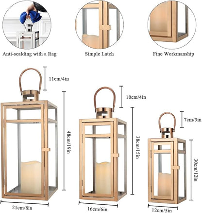 TRIROCKS Set of 3 Stainless Steel Candle Lantern 19'' High Metal Candle Holder with Clear Glass Panels Perfect for Home Decor Living Room Parties Events Tabletop Indoors Outdoors (Rose Gold)