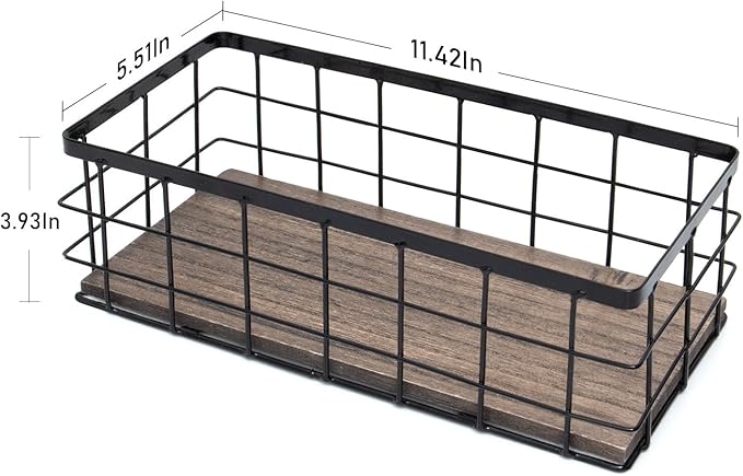 ROSE BLOOM Small Metal Wire Storage Basket, Decorative Wood Base Organizer Bins for Bathroom, Kitchen, Laundry Room, Pantry, Basket for Toilet Paper, Fruits, Spices (2 Pack)
