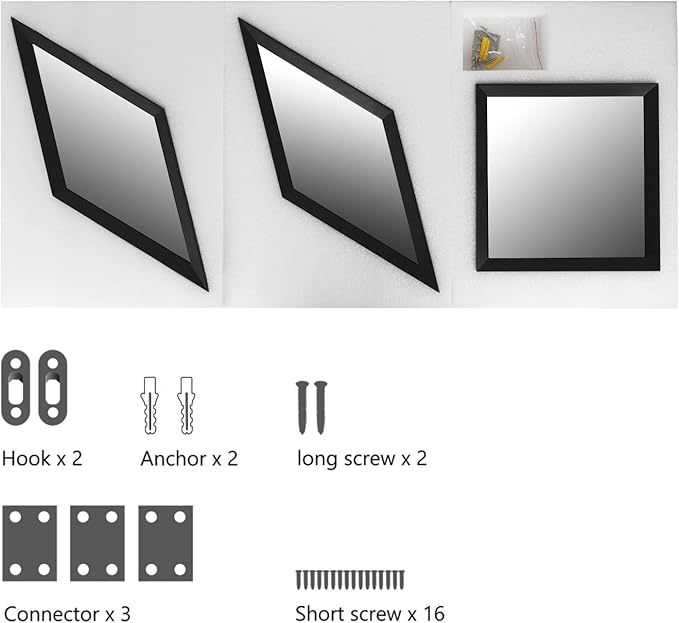 Geometric Wall Mounted Mirrors DIY Wood Framed Home & Office Decor Glass Mirror, Black