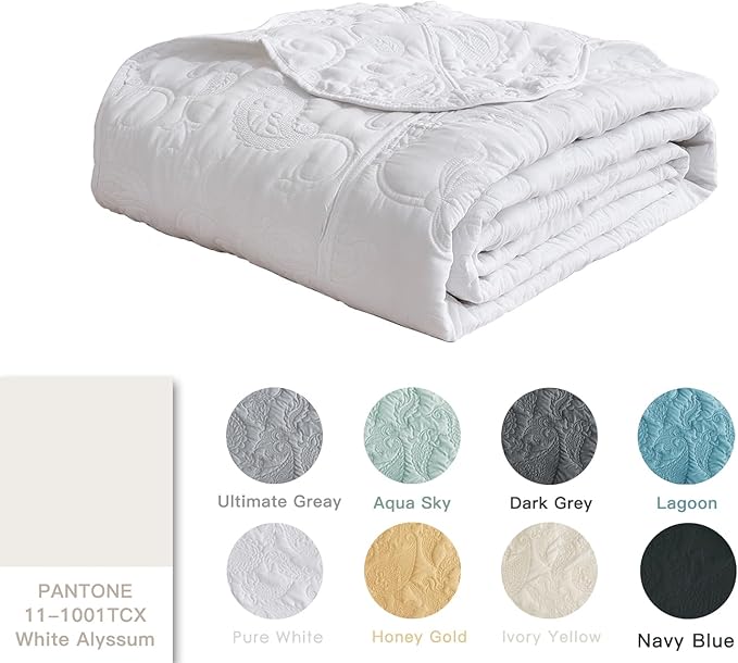 HZ & HY Queen Size Bedspread, Quilted Coverlet Bedding Set, Lightweight Thin Comforter, Reversible, Luxurious, 5 Piece, 100% Microfiber, Queen, White