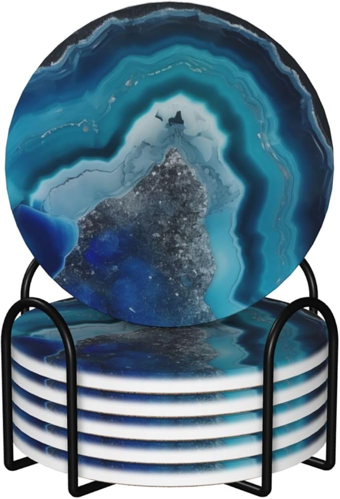 6 Pcs Ceramic Coasters with Holder Absorbent Drink Round Silver and Blue Agate Geode Print Design for Home Table Coffee Cup Wine Beer Bar,Size 4.4 inches