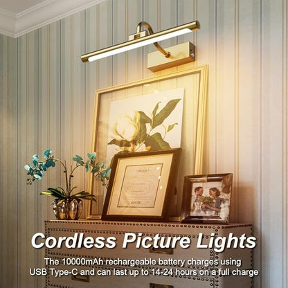Aipsun 15.7" Brass Picture Lights for Wall Rechargeable,10000mAh Battery Operated Art Light for Paintings,3CCT Dimmable, Rotatable Gallery Light for Pictures Display
