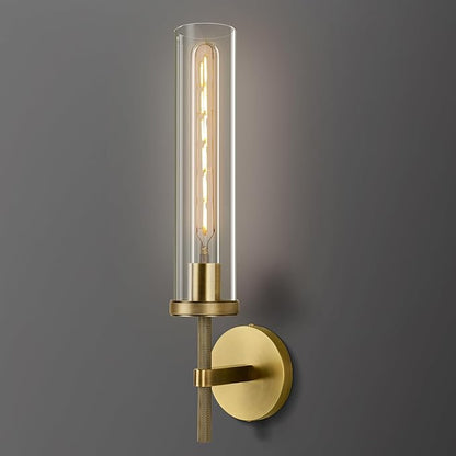 Brass Wall Sconce 19.48" Handcrafted Vintage Wall Lamp with Clear Glass Tube & Knurled Detailing, Sconce Lighting for Bedroom Bathroom Hallway Staircase Entryway, Dining Room Decor Lighting Fixture