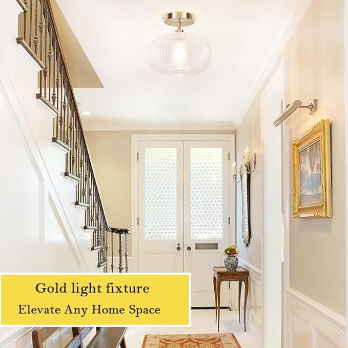 Semi Flush Mount Ceiling Light Fixture,Hallway Light Fixtures,Bathroom Light Fixtures,Gold Lighting Fixture,Globe Glass Light Fixture,Closet Light Fixture,Vintage Ceiling Lamp for Bedroom Kitchen