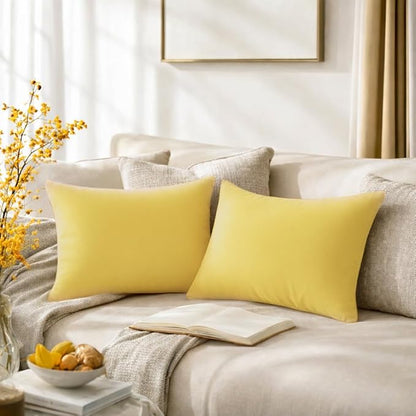 QUORGVES Yellow Velvet Pillow Covers 12x20 Inch Set of 2, Soft Solid Decorative Lumbar Throw Pillow Covers, Decor Cushion Covers for Bed Sofa Couch Bedroom Living Room - Spring Summer Light Lemon