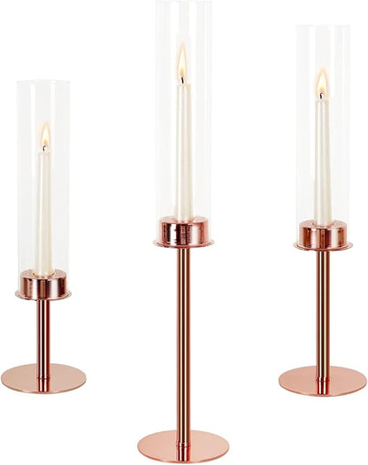 Hurricane Candle Holders Set of 3 Metal Candlestick Holder for Glass Taper Tall Candle Holders with Crystal Chimney Tube Candles Stands for Home Decor, Christmas, Dinning (3, Rose Gold)