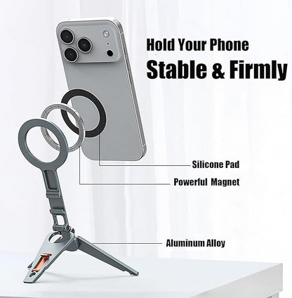 Magnetic Phone Tripod Stand Portable Cell Phone Holder Strong Magnet Mini Pocket Smartphone Mount Foldable Selfie Stick Tripod with 1/4" Screw Hole & Hook for iPhone 17 16 15 14 13