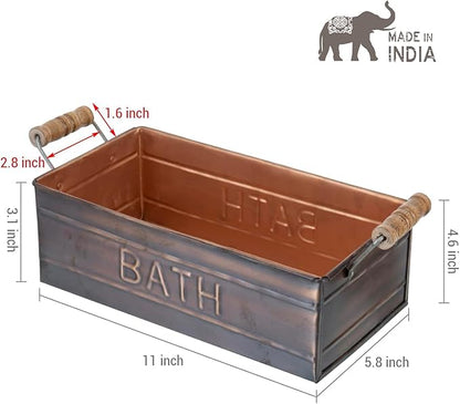 MyGift Copper Bathroom Accessories with Wooden Handles, Vintage Oil Rubbed Bronze Bathroom Toiletries Holder, Organizer Bin with Embossed BATH Label - Handcrafted in India