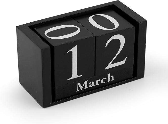 AUEAR, Wooden Block Perpetual Desk Calendar Desktop Cube Rustic Chic Number for Home Office Decoration (Black, 1 Pack)