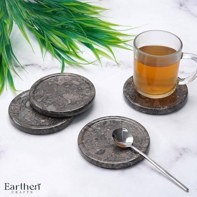 Marble Coasters Set of 4 Round Oceanic Handmade Modern 4" Inches Coasters for Drink, Stylish Drink Coaster for Dining Table