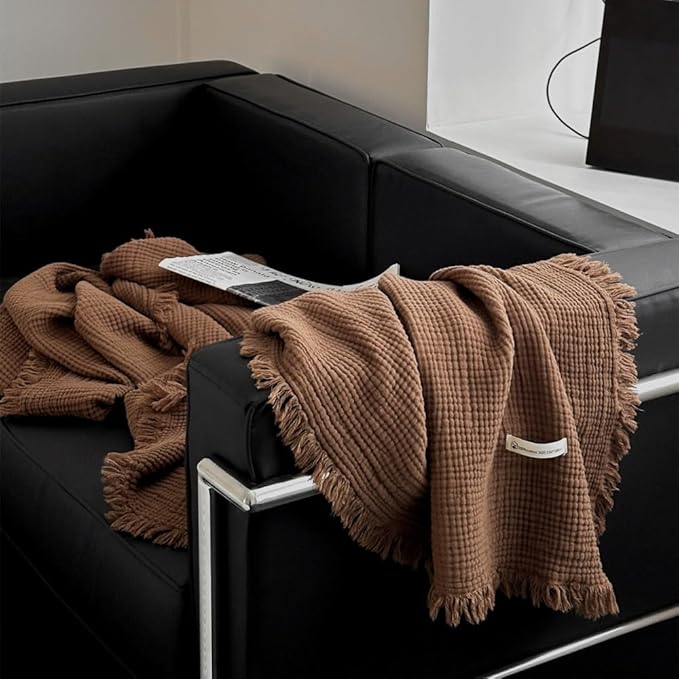 100% Cotton 4-Layer Muslin Blanket with Fringes, 50"x60", Brown Throw Blanket, Ultra-Soft Gauze Blanket, Boho Bedding for All Seasons, Breathable for Couch, Bed(Brown,Throw)