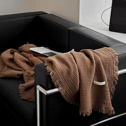 100% Cotton 4-Layer Muslin Blanket with Fringes, 50"x60", Brown Throw Blanket, Ultra-Soft Gauze Blanket, Boho Bedding for All Seasons, Breathable for Couch, Bed(Brown,Throw)