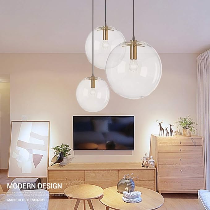 Spherical LED Clear Glass Hanging Light, Creative Single Pendant Light, Ceiling Light Base on E27 Gold Lamp Holder (25CM)